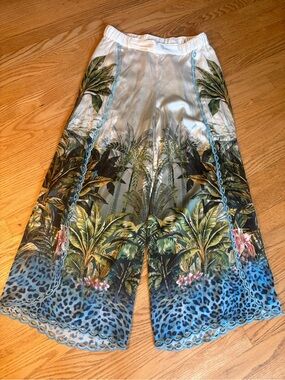 Johnny Was NWOT SILK BLEND Tropical Embroidered Pull On Wide Leg Split Pants S